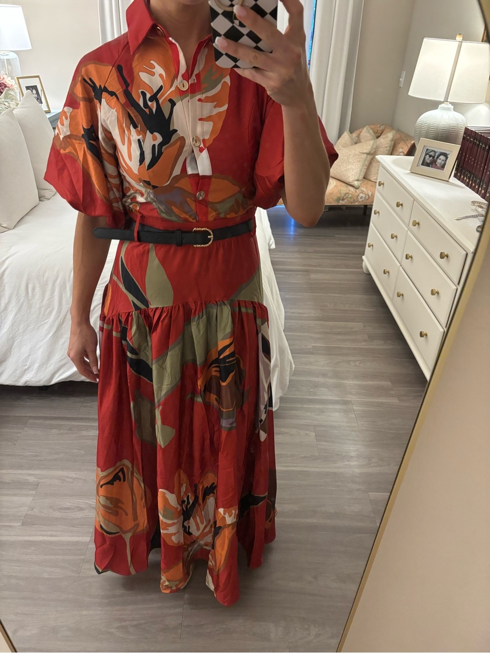 🍂 CHICWAYS Rust Orange Abstract Print Belted Midi Dress